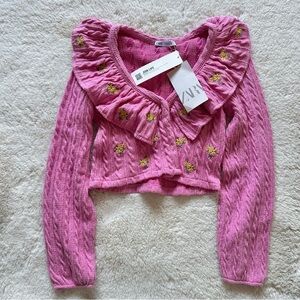 Zara Pink Cropped Ruffle Cardigan with Yellow Floral Embroidery
